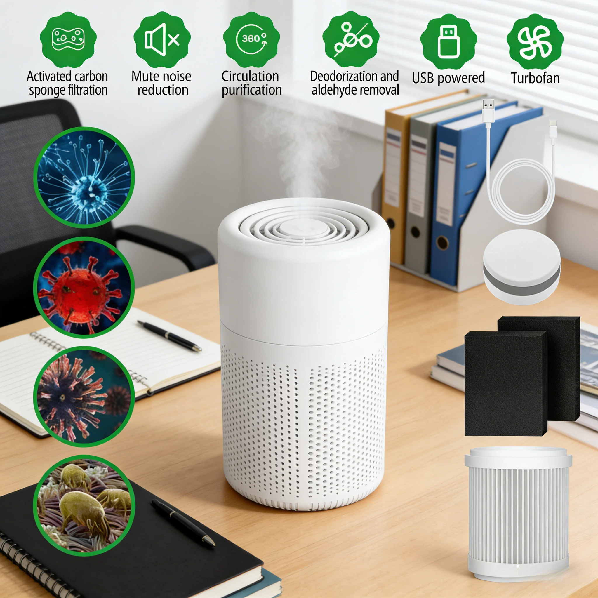 Air Purifier for Home Office Bedroom, Quiet Air Cleaner for Pets Formaldehyde Allergies, HEPA Filter Negative Ion USB Powered - Image 2