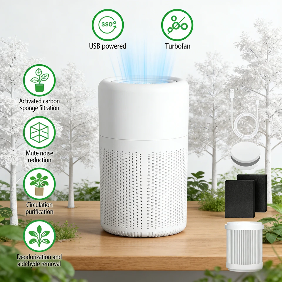 Air Purifier for Home Office Bedroom, Quiet Air Cleaner for Pets Formaldehyde Allergies, HEPA Filter Negative Ion USB Powered - Image 7