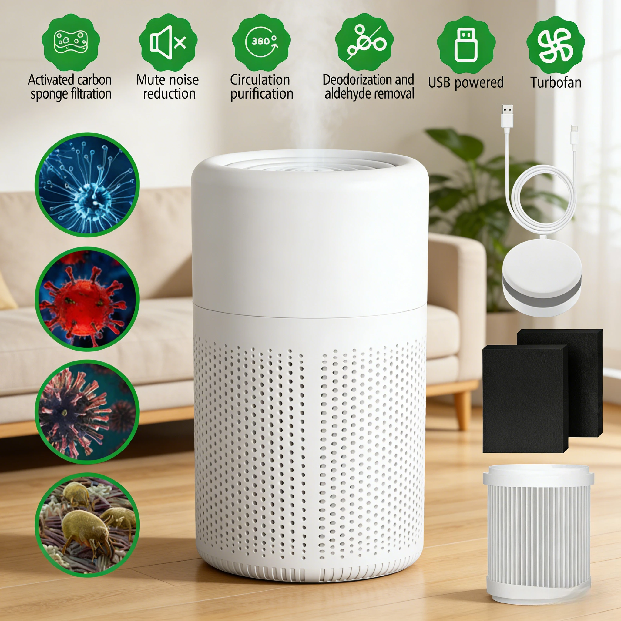 Air Purifier for Home Office Bedroom, Quiet Air Cleaner for Pets Formaldehyde Allergies, HEPA Filter Negative Ion USB Powered - Image 3