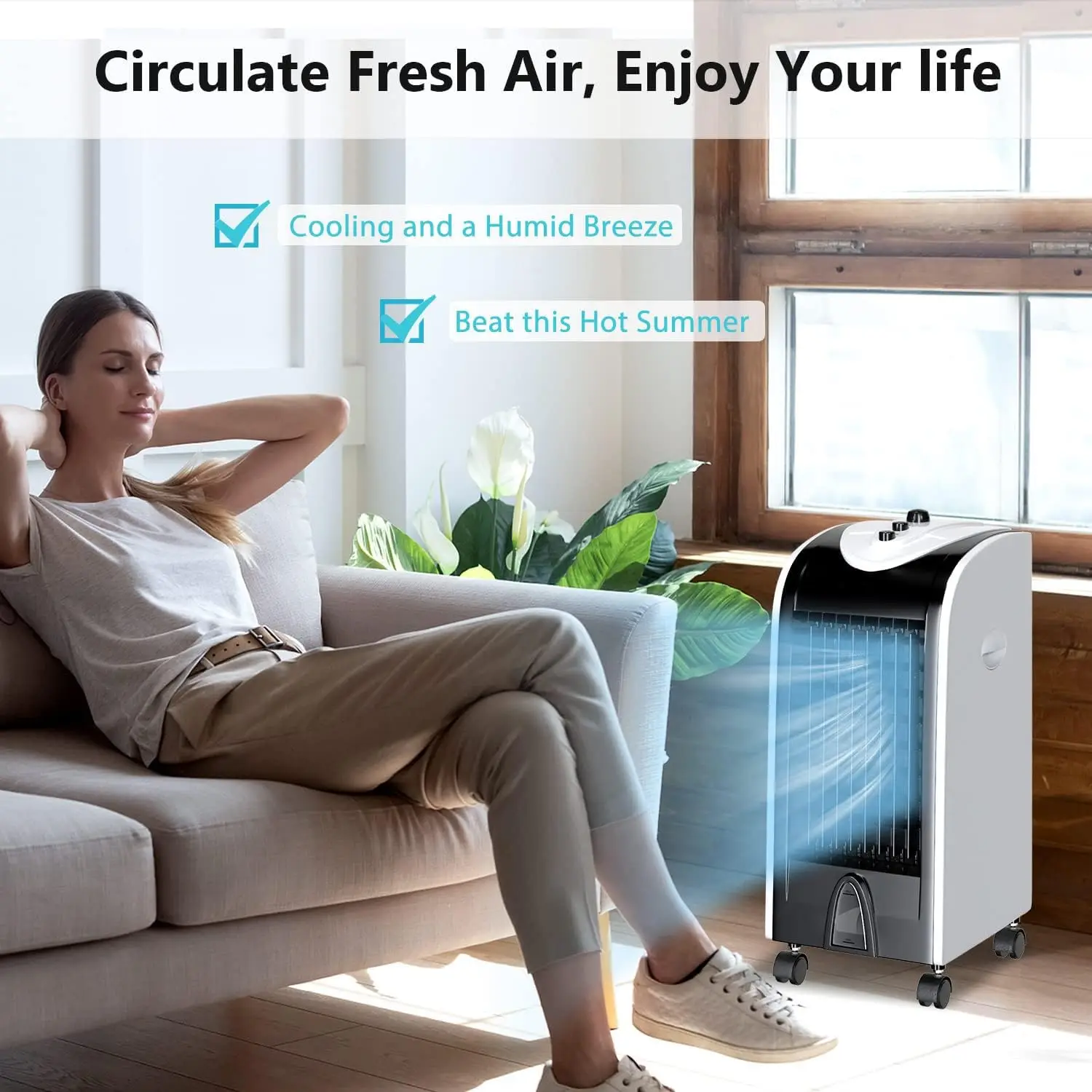 Windowless Swamp Cooler Fan Humidifier 3 Modes 3 Speeds 2 Ice Boxes 7.5h Timer Quiet Portable Bedroom Living Room Office Custom - Image 6
