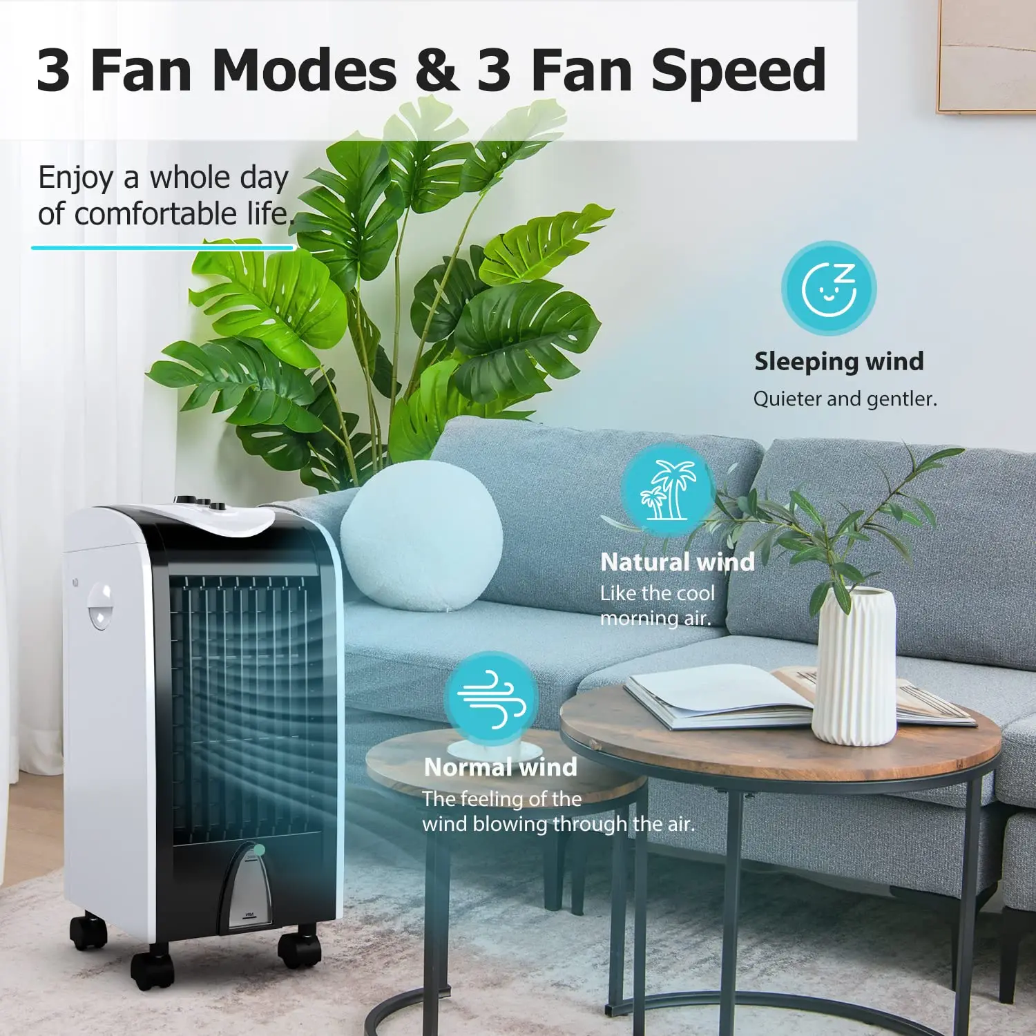 Windowless Swamp Cooler Fan Humidifier 3 Modes 3 Speeds 2 Ice Boxes 7.5h Timer Quiet Portable Bedroom Living Room Office Custom - Image 2